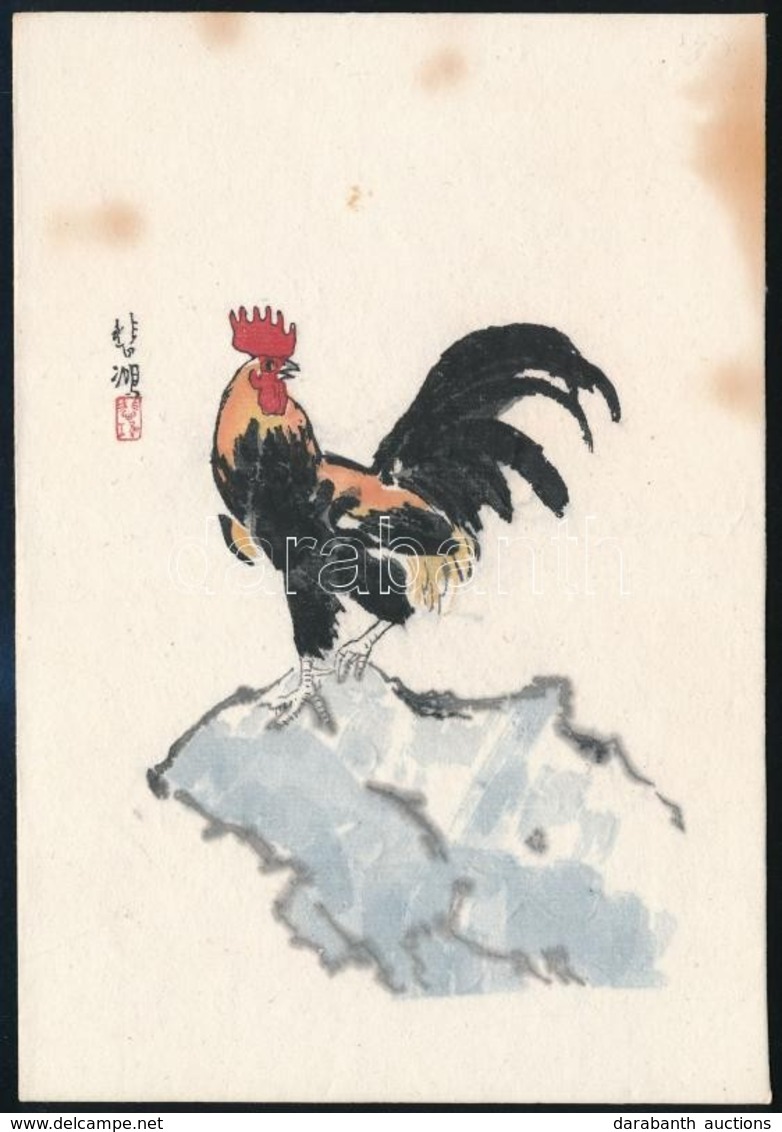 Miniatűr Kínai Fametszet. Színezett. Xu Beihong  - Kakas. / Chinese Woodcut 18,3x12,6 Cm - Stiche & Gravuren