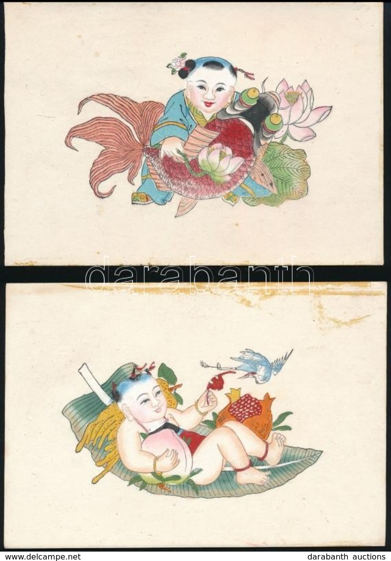 Miniatűr Kínai Fametszet 2 Db. Színezett. Újéví Képek - Yangliuqing / Chinese Woodcut 18,3x12,6 Cm - Stiche & Gravuren