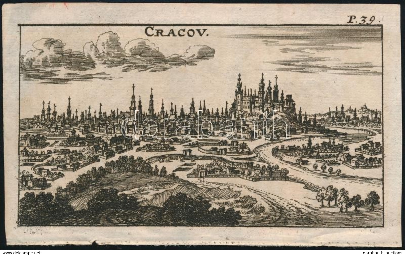 Cca XVII. Század. Krakkó Látképe, Rézmetszet, 6,5x11,5 Cm/
Cca 17th Century View Of Cracow, Copper Engraving, 6,5x11,5 C - Estampes & Gravures