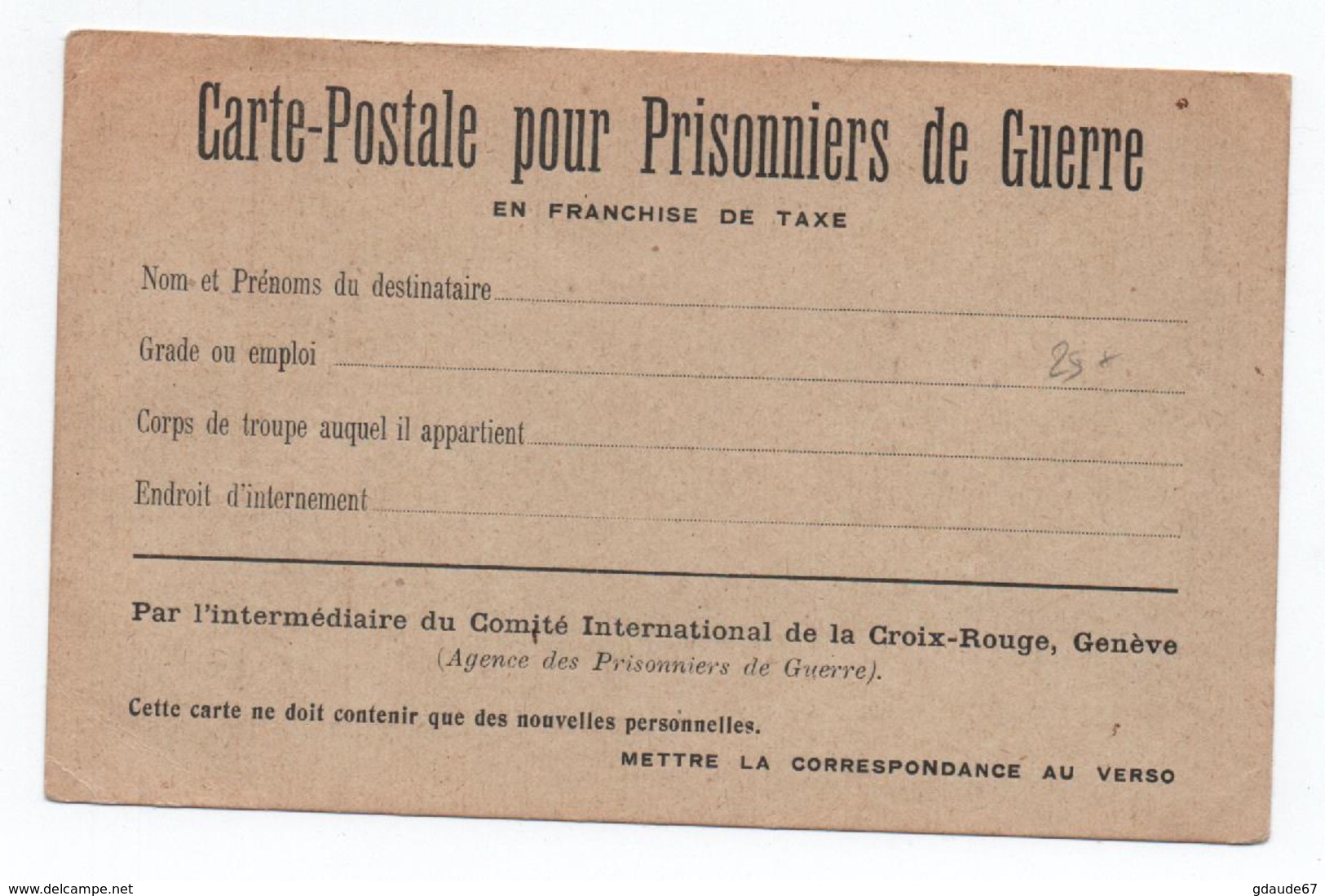 CARTE DE FRANCHISE MILITAIRE FM NEUVE - CARTE POSTALE POUR PRISONNIERS DE GUERRE EN FRANCHISE DE TAXE - Storia Postale