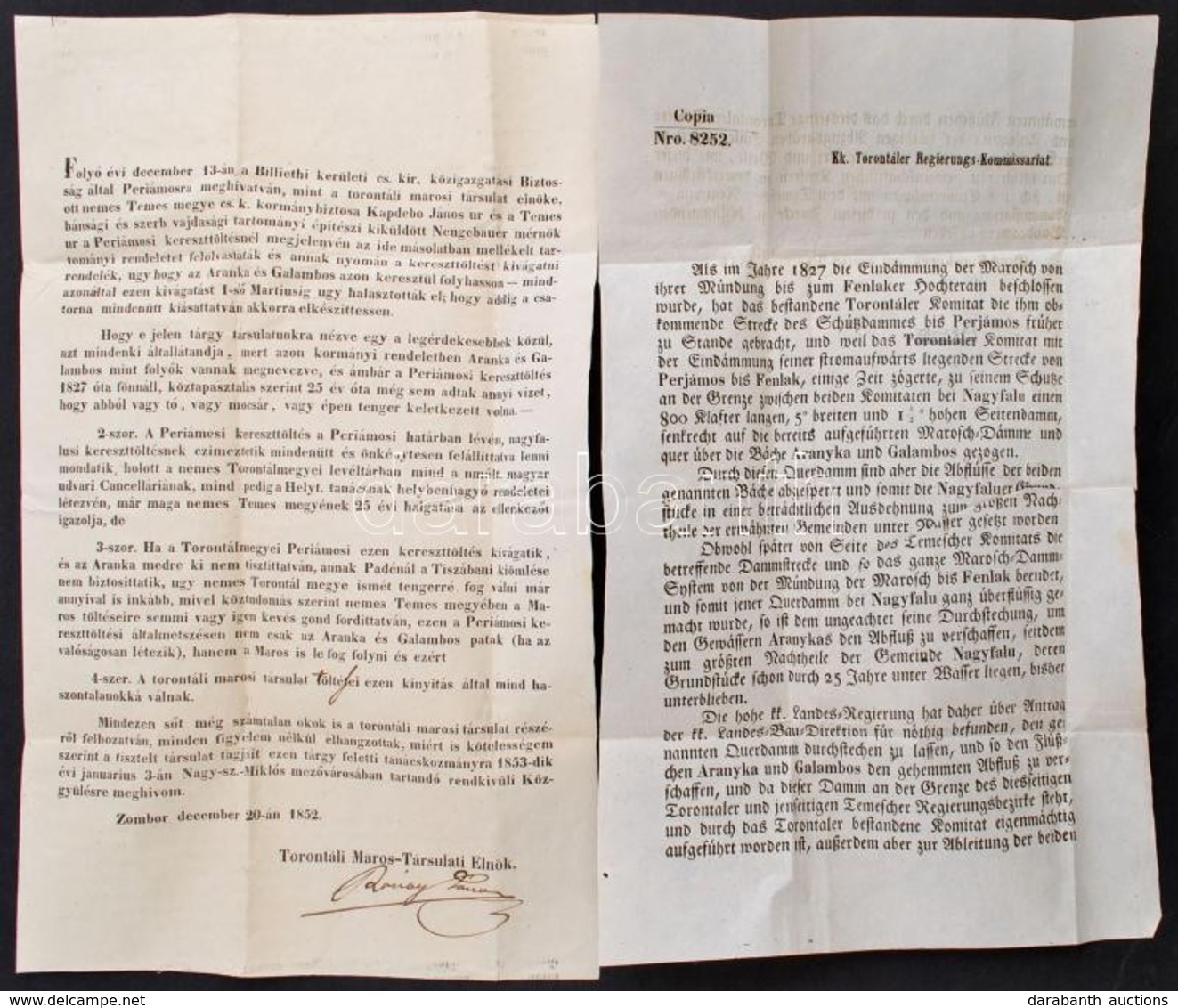 1852 A Torontáli Maros Társulat 2 Db Nyomtatott Meghívója Folyószabályozással Kapcsolatos Közgyűlés Tárgyában, Magyar Il - Non Classés