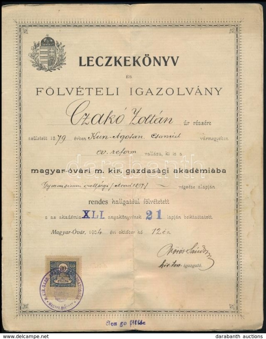 1904 Mosonmagyaróvár, Magyar-óvári M. Kir. Gazdasági Akadémia által Kiállított Leckekönyv - Non Classés