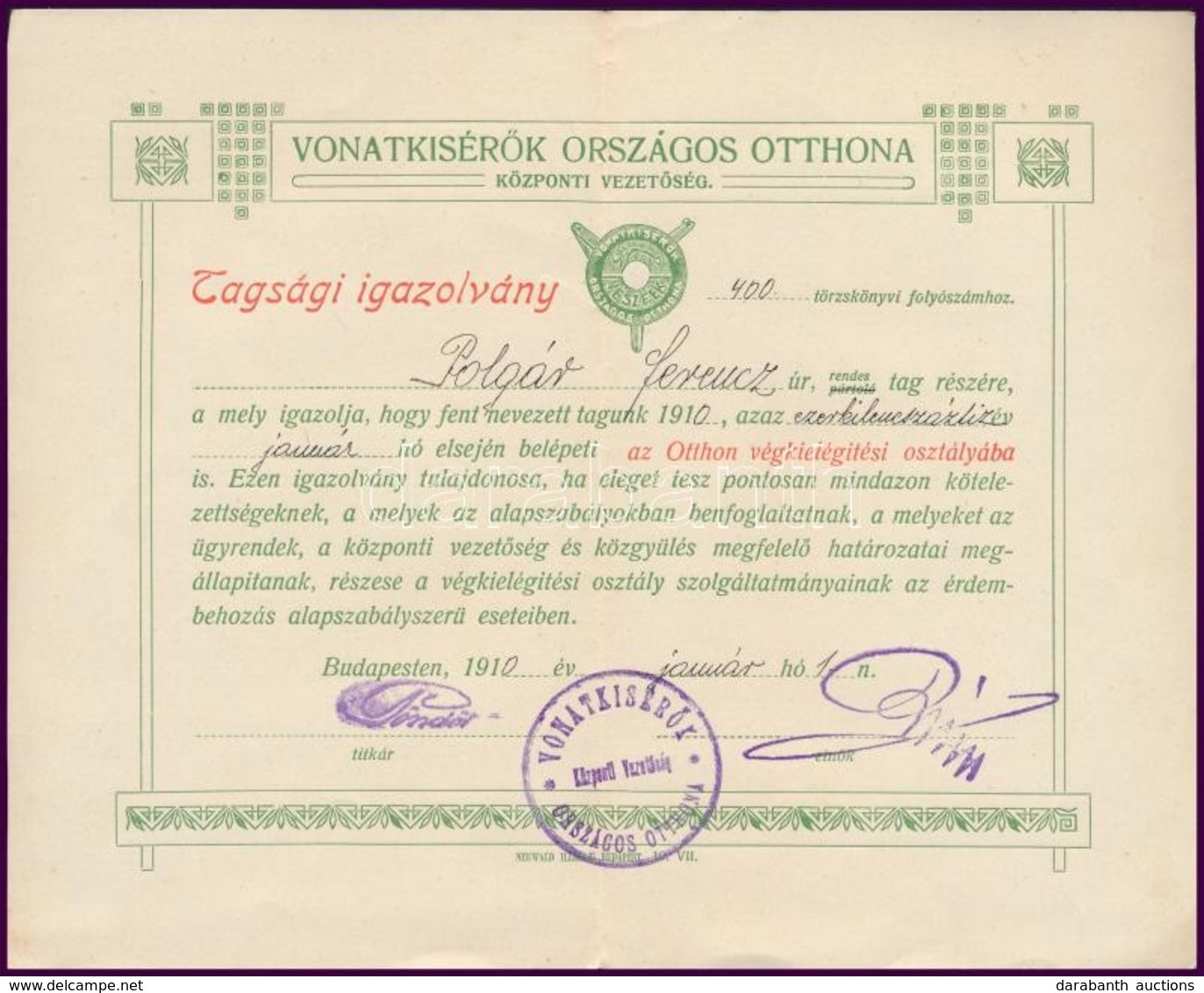 1910 A Vonatkísérők Országos Otthona Díszes Tagsági Igazolványa - Sin Clasificación