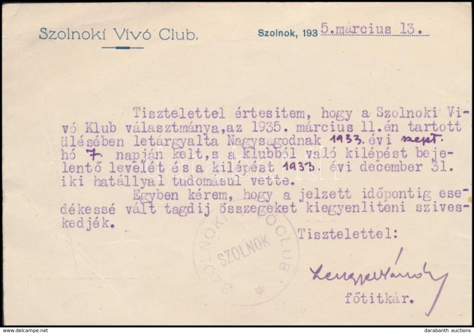 1935 Szolnok, A Szolnoki Vívó Club Főtitkárának Levele Kilépési ügyben, A Vármegyeházára Címezve - Non Classés