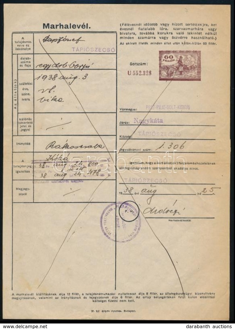 1938 Marhalevél 'TÁPIÓSZECSŐ' - Sin Clasificación