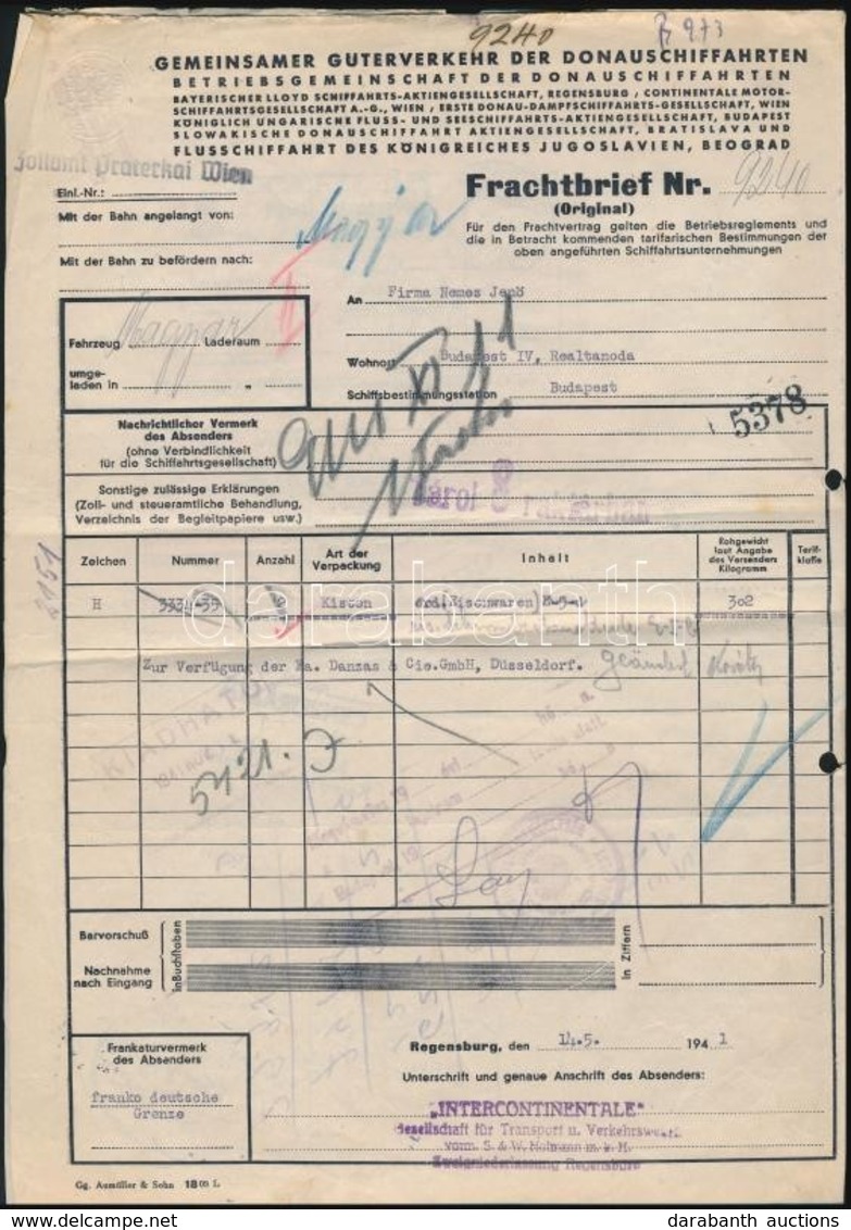 1941 Regensburg, Gemeinsamer Guterverkehr Der Donauschiffahrten Fuvarlevele - Non Classés