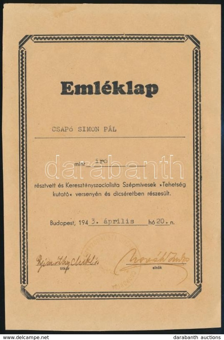 1943 Bp., Keresztényszocialista Szépmívesek Emléklapja - Sin Clasificación