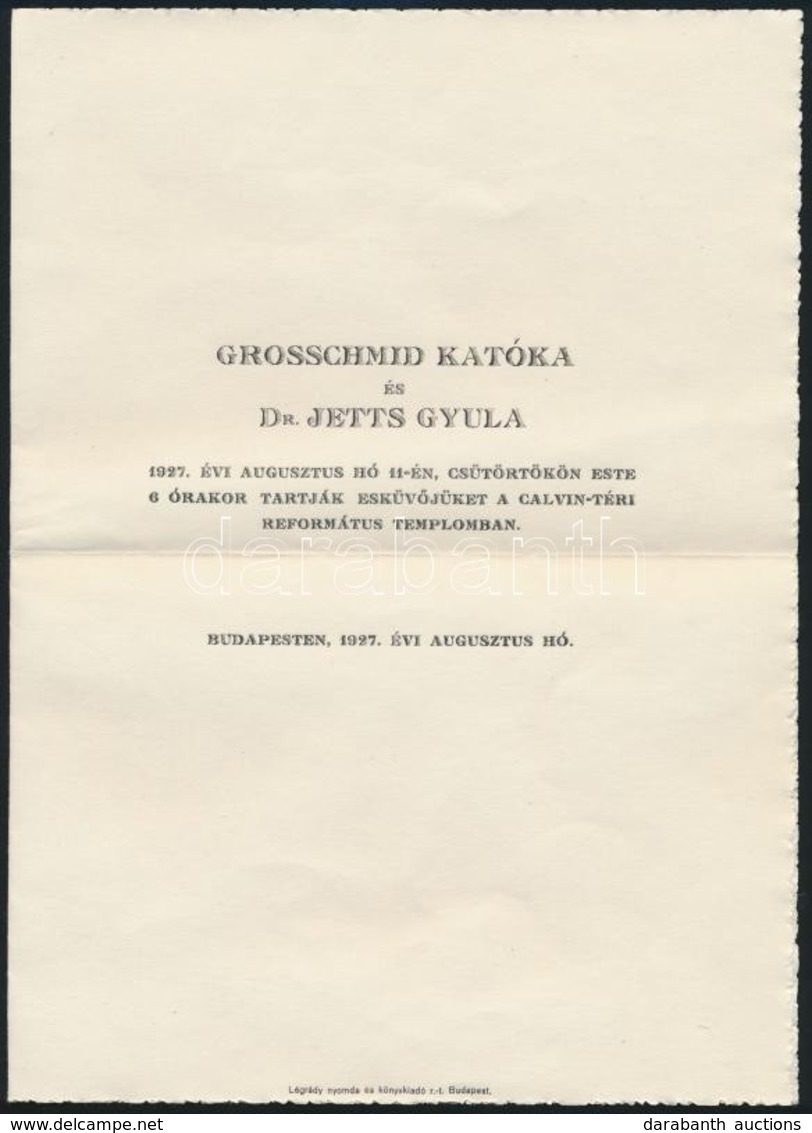 1927 Bp.,Dr. Jetts Gyula és Grosschmid Katóka Esküvői Meghívója, Valamint Fotója A Kálvin-téri Református Templom Előtt, - Non Classés