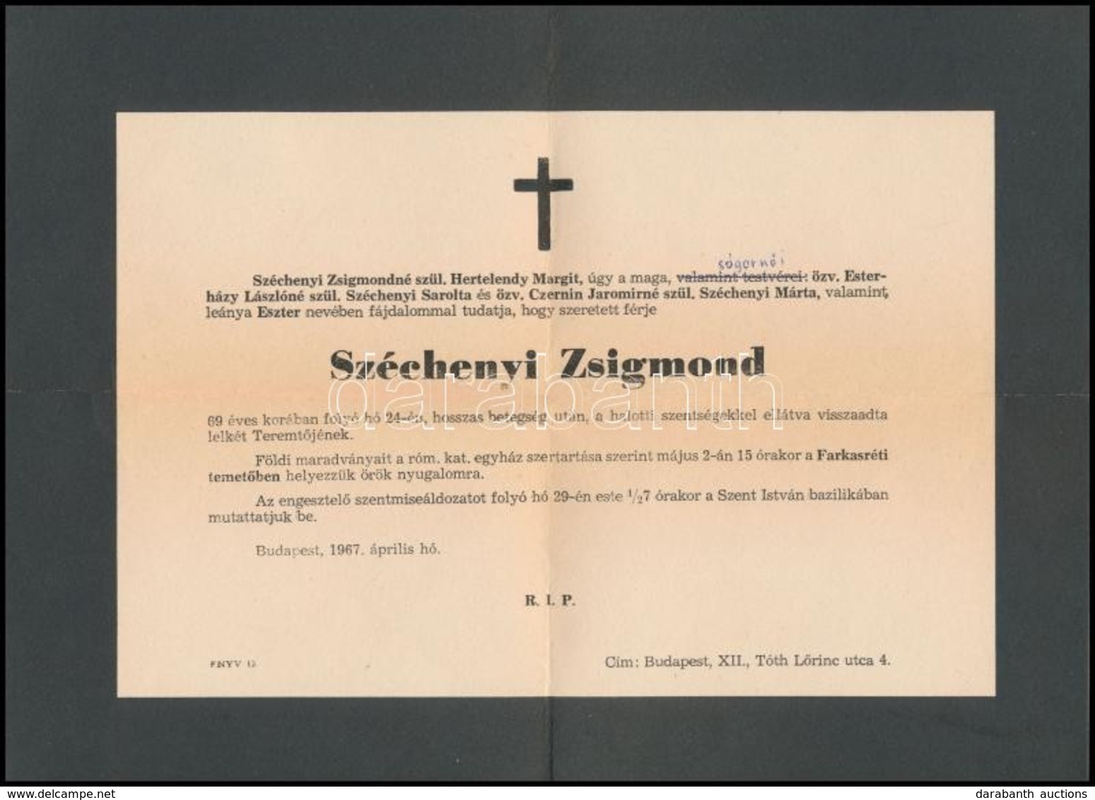 1967 Széchényi Zsigmond (1898-1967) író, Utazó Vadász Halálozási értesítője. - Sin Clasificación