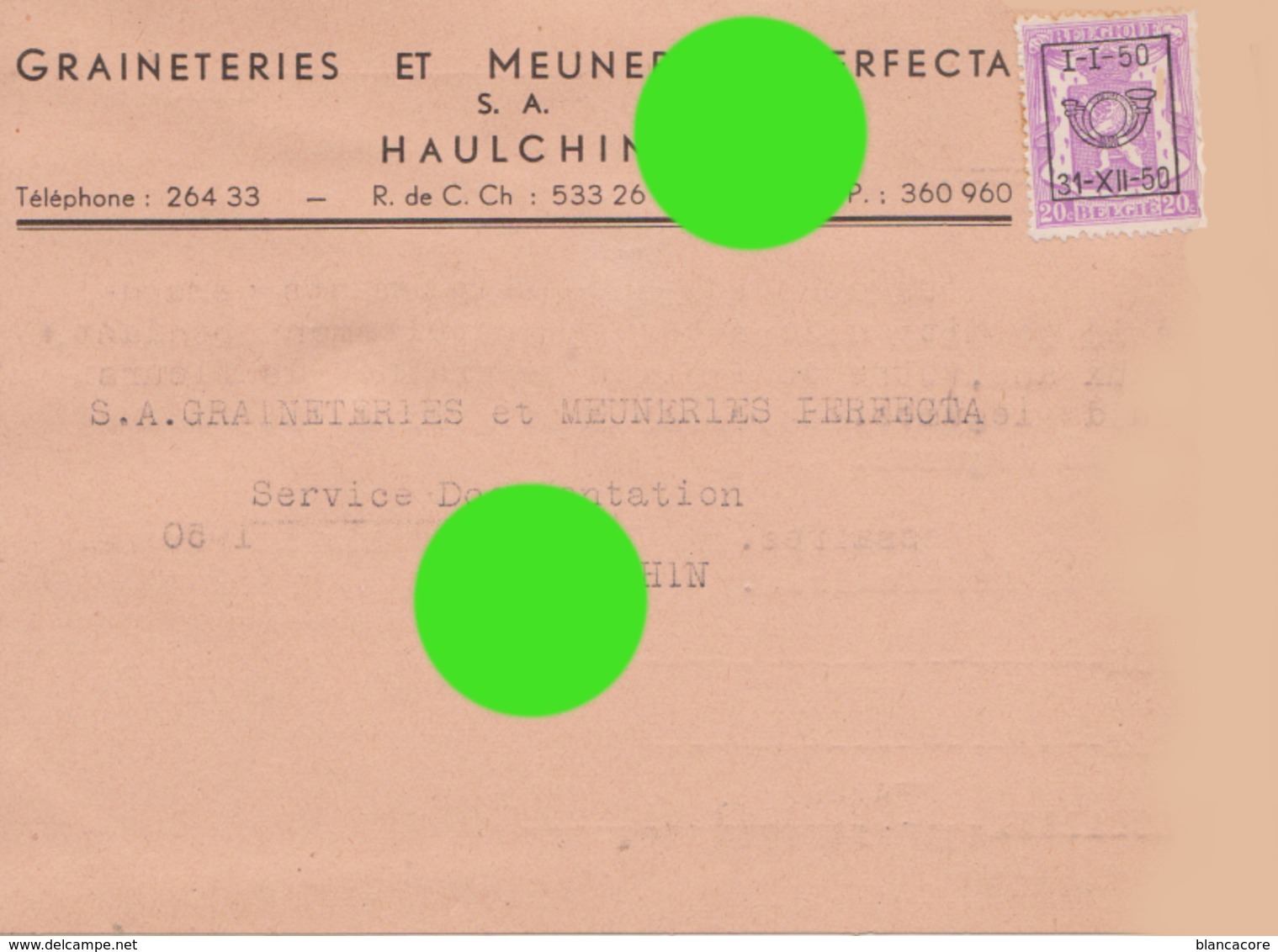 HAULCHIN ( Estinnes ) 1950 Carte Correspondance  Graineteries & Meuneries - Estinnes