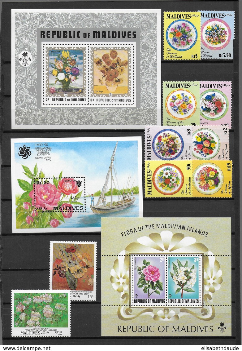 MALDIVES - FLEURS - YVERT N° 1455/1462 + 1340 + 1343 + BLOCS 14 + 20 + 181 ** MNH - COTE = 47 EUR. - Maldive (1965-...)