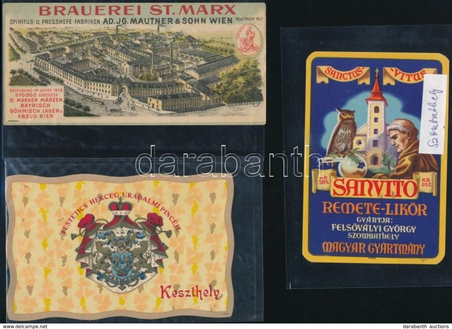 Festetich Herceg Uradalmi Pincészet Boroscímke, San Vito Remete Likőr Italcímke + St Marx Sörfőzde Litho Számolócédula - Publicidad