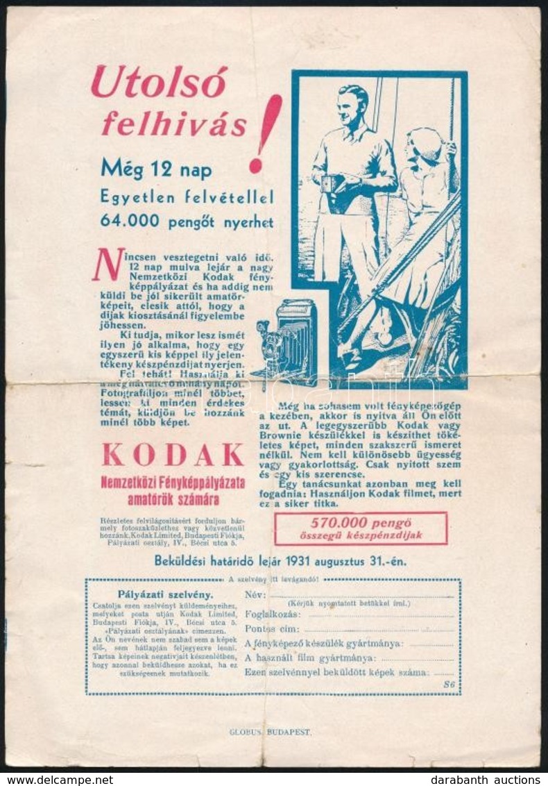 1931 Stadler Mihály Vasárugyár Színes Reklámlap, Hátlapján Kodak Fotópályázat Reklámmal - Publicidad