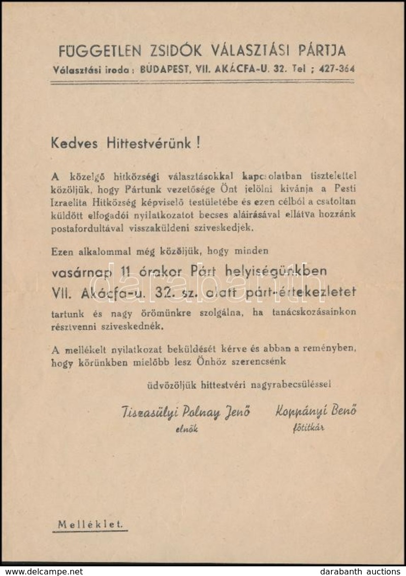 Cca 1948 A Független Zsidók Választási Pártja Meghívója, Ill. Elfogadói Nyilatkozata - Sonstige & Ohne Zuordnung