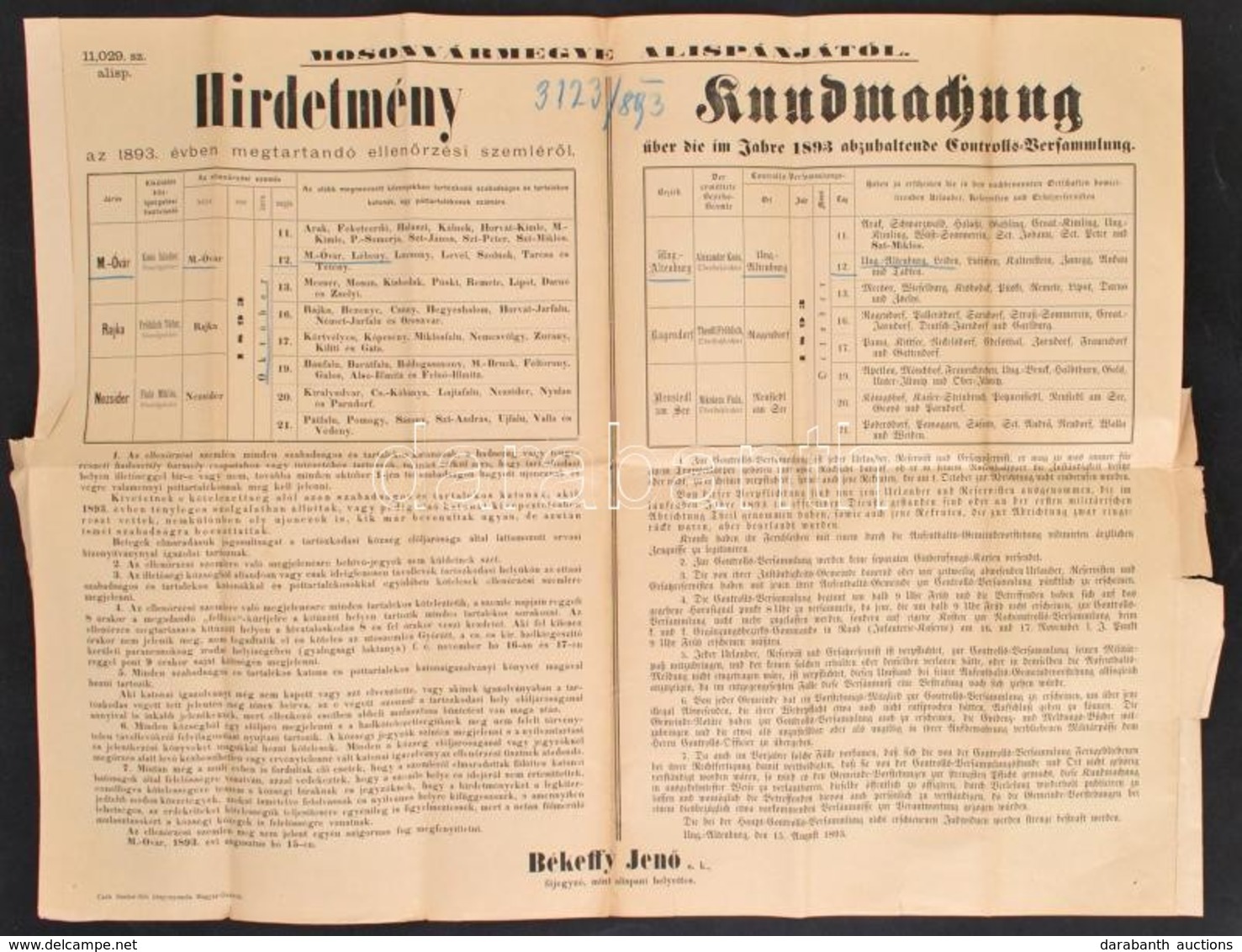 1894 Magyaróvár Környéki Falvakban Katonai Ellenőrzési Szemle Hirdetmánye  74x50 Cm - Autres & Non Classés