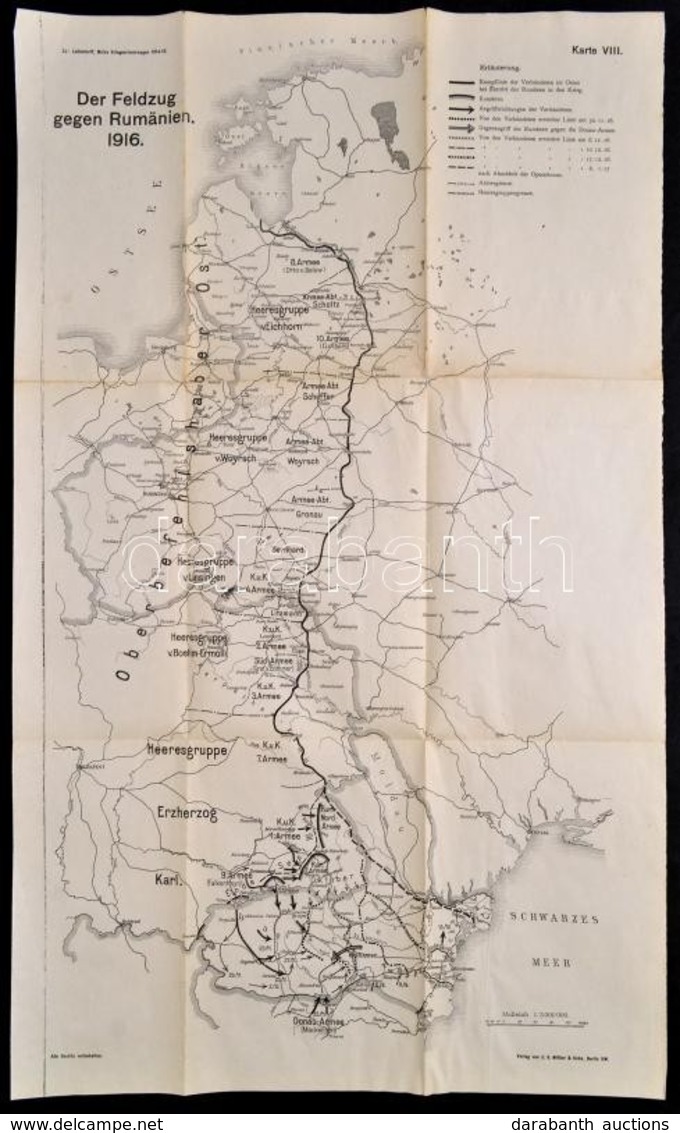 Cca 1918 Der Feldzug Gegen Rumänien 1916, Katonai Térkép Ludendorff Emlékirataiból, 52×49 Cm - Autres & Non Classés