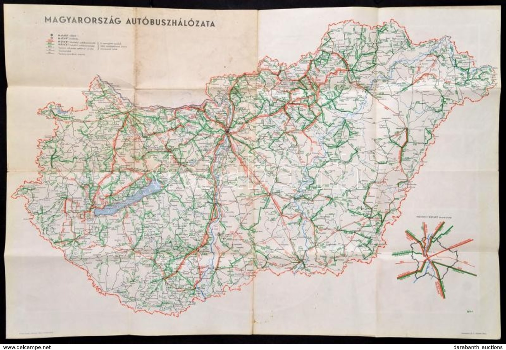 1959 Magyarország Autóbuszhálózata, MÁVAUT Vonalakkal, Kiadja: Athenaeum, Szakadással, 55×81 Cm - Otros & Sin Clasificación