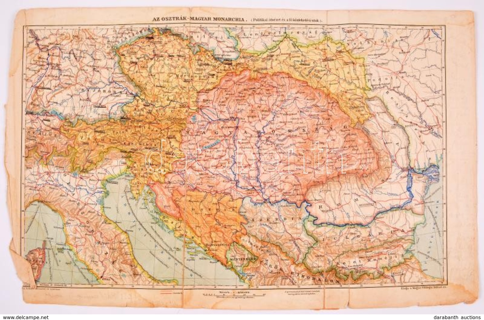 Az Osztrák-Magyar Monarchia Térképe, Kiadja: Magyar Földrajzi Intézet Rt., Szakadásokkal, 30×48 Cm - Otros & Sin Clasificación