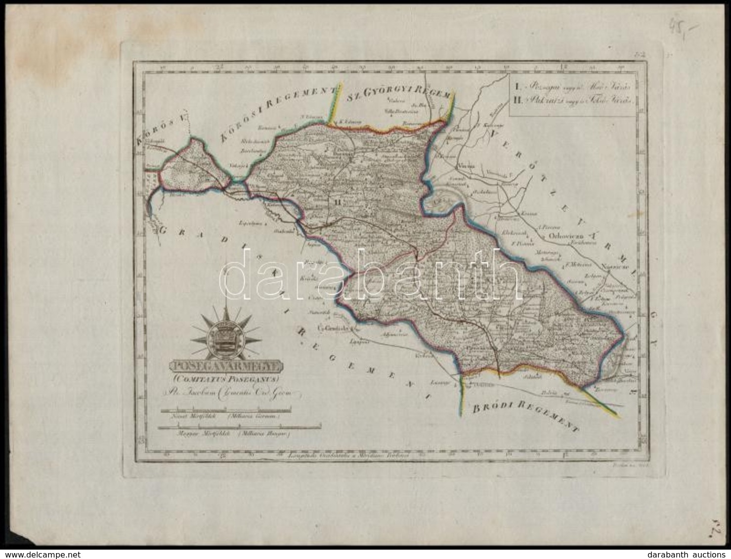 1801 Pozsega Vármegye. Comitatus Poseganus. Színezett Rézmetszet, Papír, 30x24 Cm A Vármegye Közigazgatási Térképe és Cí - Autres & Non Classés