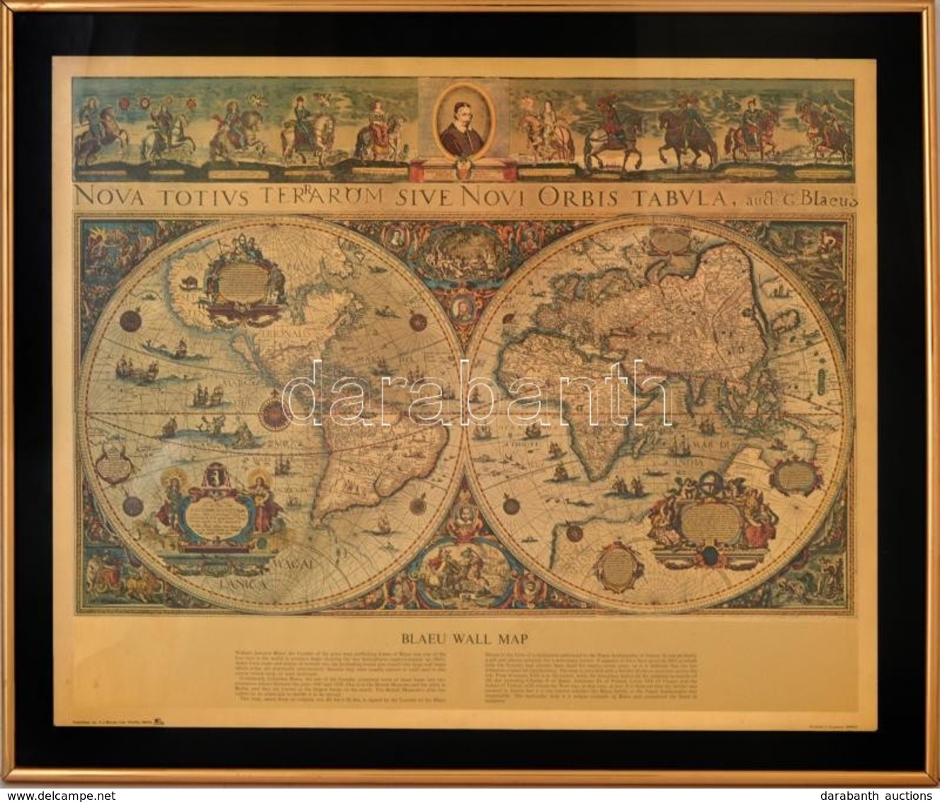 William Janszon Bleau Féle Világ Térkép (Bleau Wall Map), Reprint, üvegezett Keretben, 43×53 Cm - Autres & Non Classés
