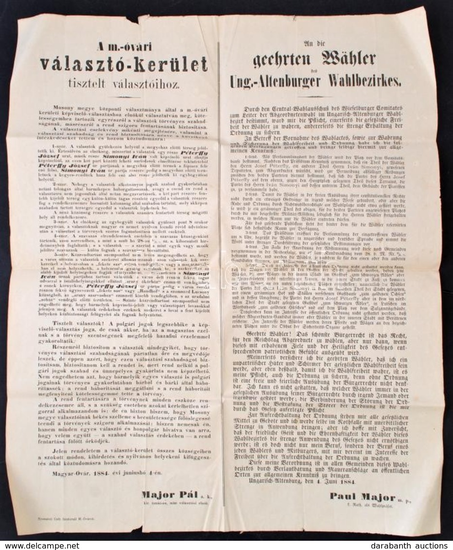 1884 Magyaróvári Választókerület Polgáraihoz Szóló Felhívás. Nagyméretű Hirdetmény Két Nyelven. 54x70 Cm - Sin Clasificación