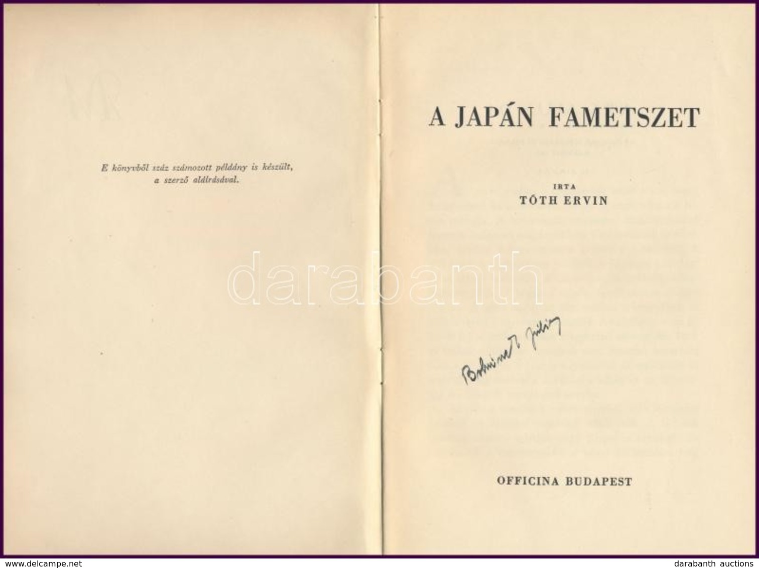 Tóth Ervin: A Japán Fametszet. Ars Mundi. Bp.,1943,Officina, 32+4 P.+33 T. (Egy Színes Táblával, A Többi Fekete-fehér.)  - Ohne Zuordnung