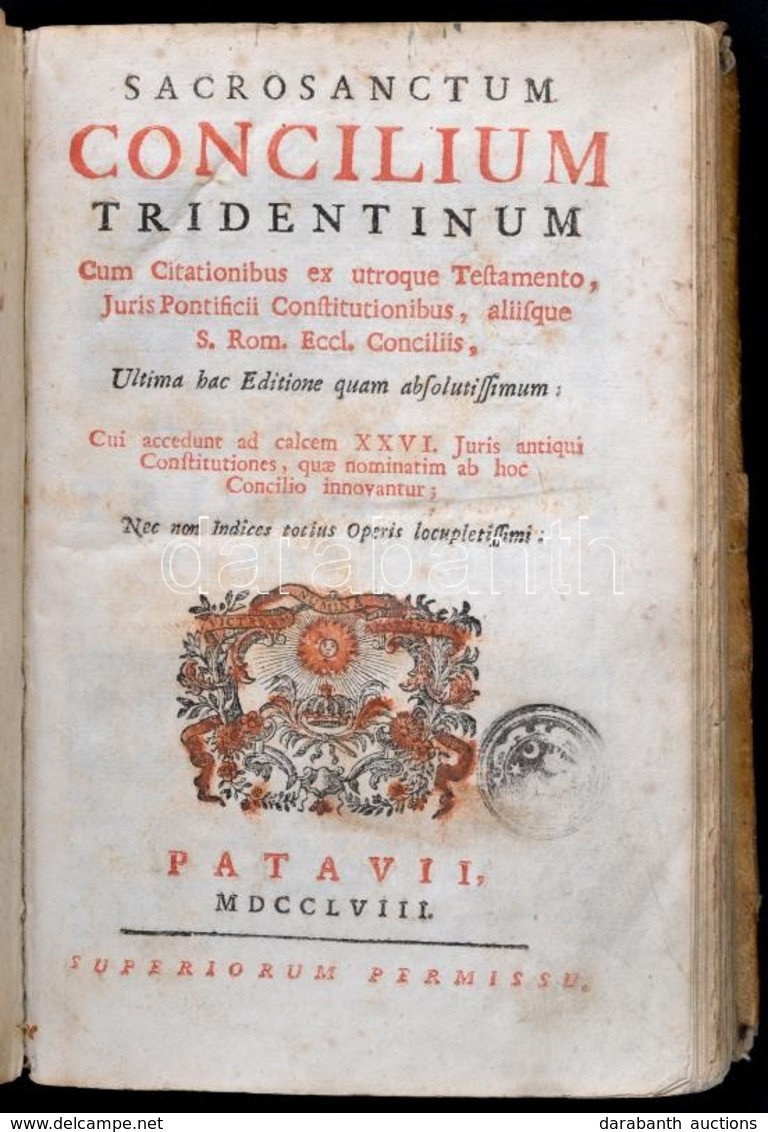 Sacrosanctum Conilium Tridentinum. Patavium (Padua), 1758, Ny. N.,XVI+362 P. Latin Nyelven. Korabeli Pergamen-kötésben,  - Sin Clasificación