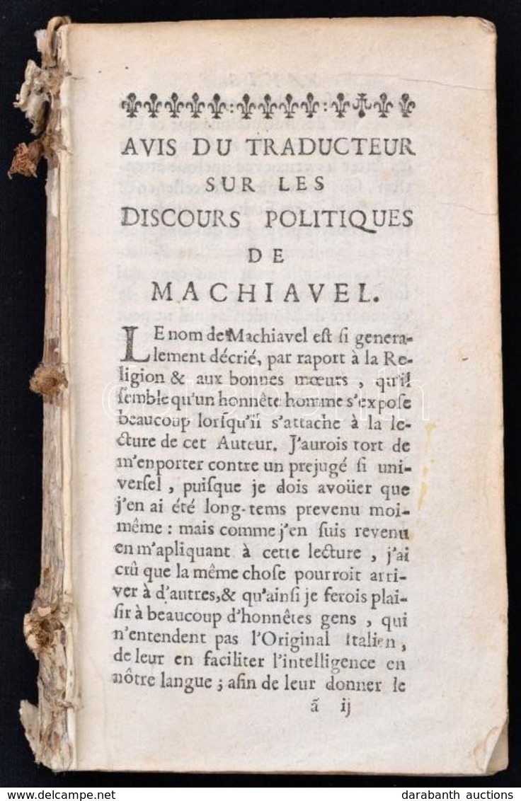 [Niccolo Machiavelli]: Discours Politiques De Machiavelli Sur Les Decades De Tite-Live. Tome Premier. Amsterdam, 1692, H - Non Classés