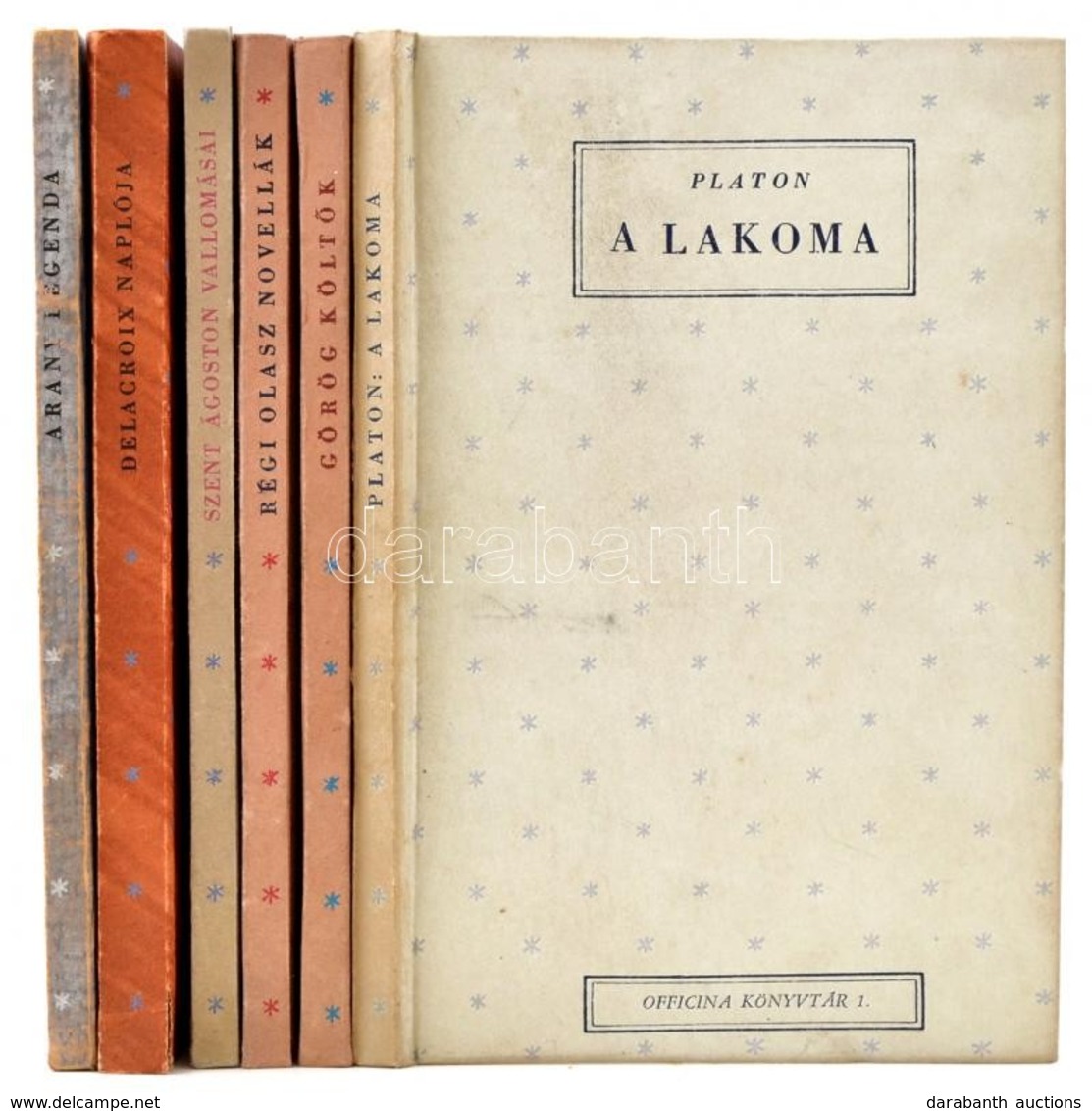 6 Remekmű, Officina Könyvtár Hat Kötete:
Platon: A Lakoma. (1.), Görög Költők (13.), Régi Olasz Novellák (18.), Szent Ág - Non Classés