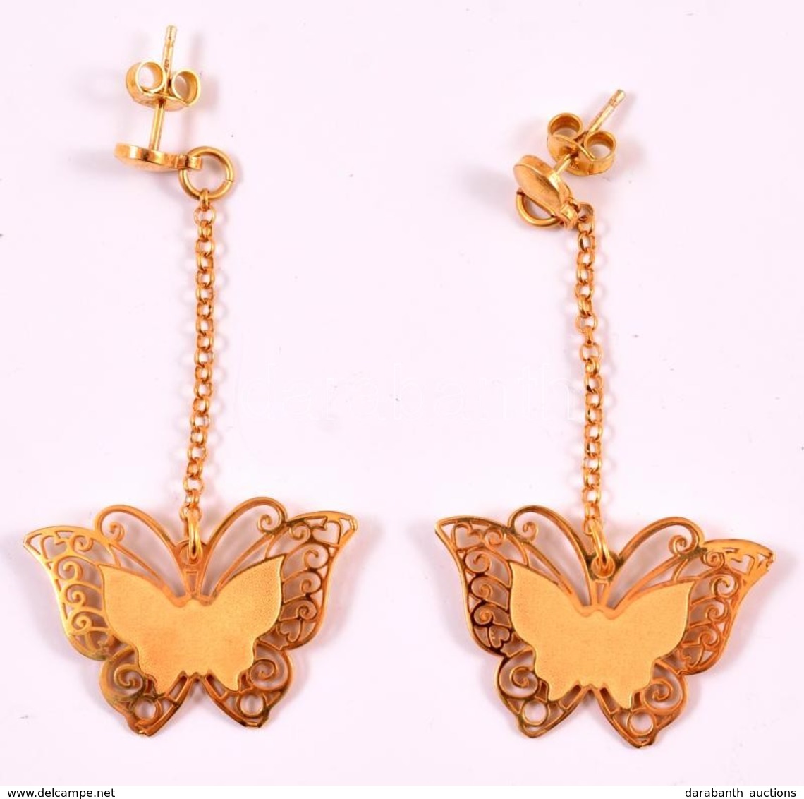 Aranyozott Ezüst(Ag) Pillangós Fülbevalópár, Jelzett, 5×2,7 Cm, Nettó: 3,5 G - Autres & Non Classés
