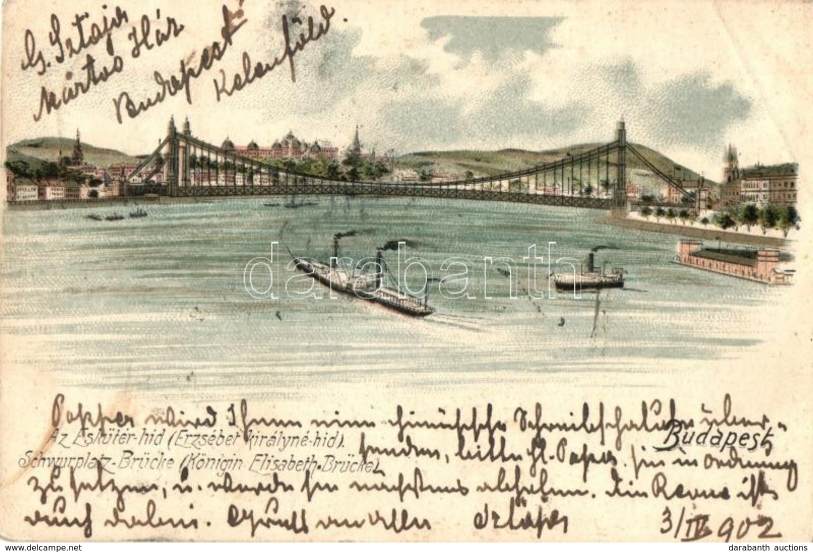 T3 1902 Budapest, Eskü Téri Híd (Erzsébet Királyné Híd), Gőzhajók. Litho (EB) - Sin Clasificación