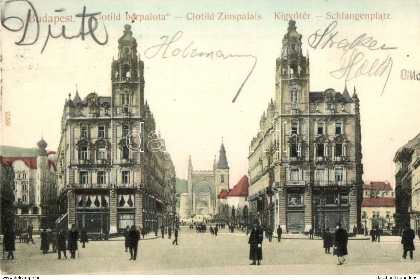 T2/T3 1908 Budapest V. Kígyó Tér (Ferenciek Tere), Klotild Paloták, üzletek, Erzsébet Híd. Taussig A. 6833. (EK) - Sin Clasificación