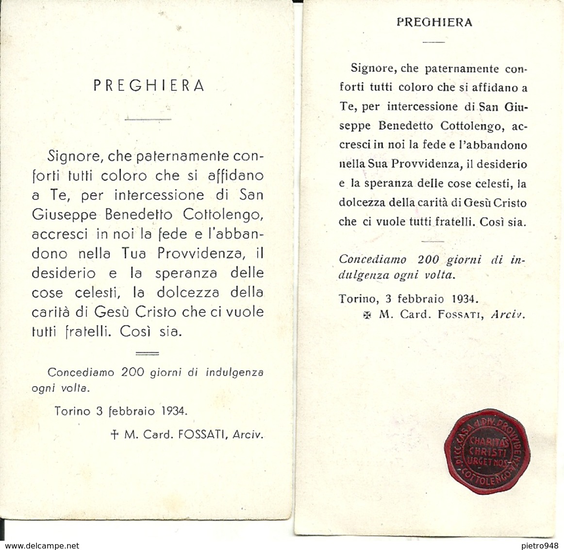 2 Santini Di Cui 1 Con Reliquia "San Giuseppe Benedetto Cottolengo" Torino 1934 - Santini