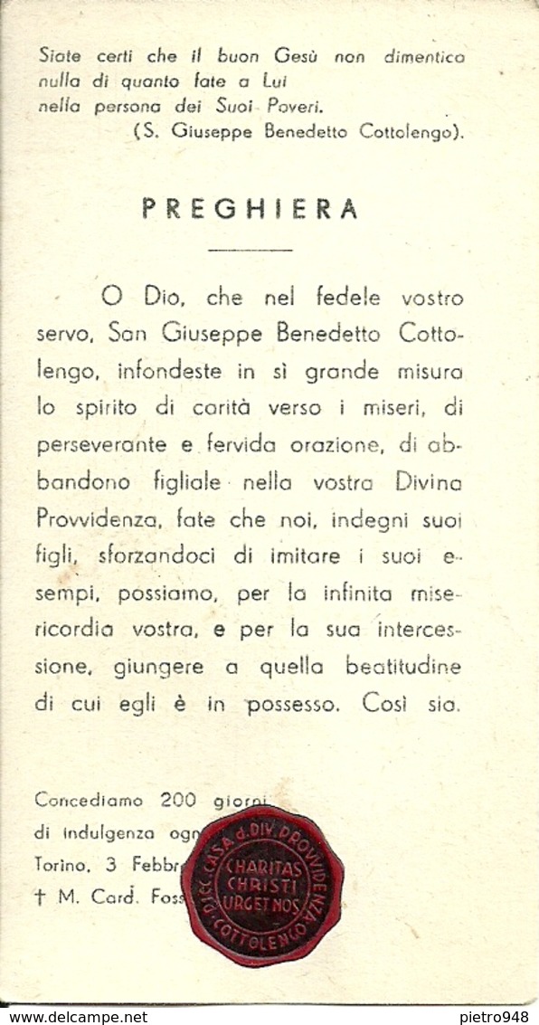 Santino Con Reliquia "San Giuseppe Benedetto Cottolengo" Torino 1934 - Santini