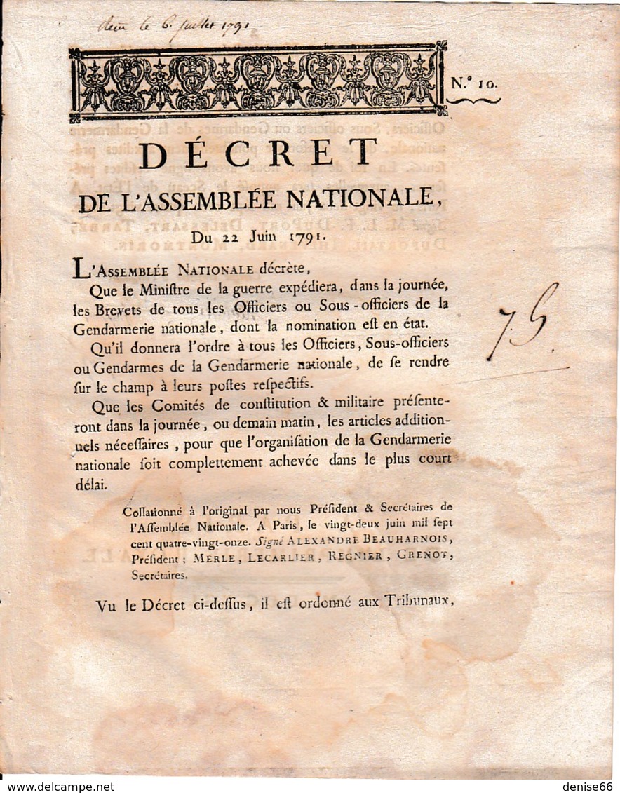 22 Juin 1791 AFFAIRE DE VARENNES - ORGANISATION De La GENDARMERIE NATIONALE - Documents Historiques