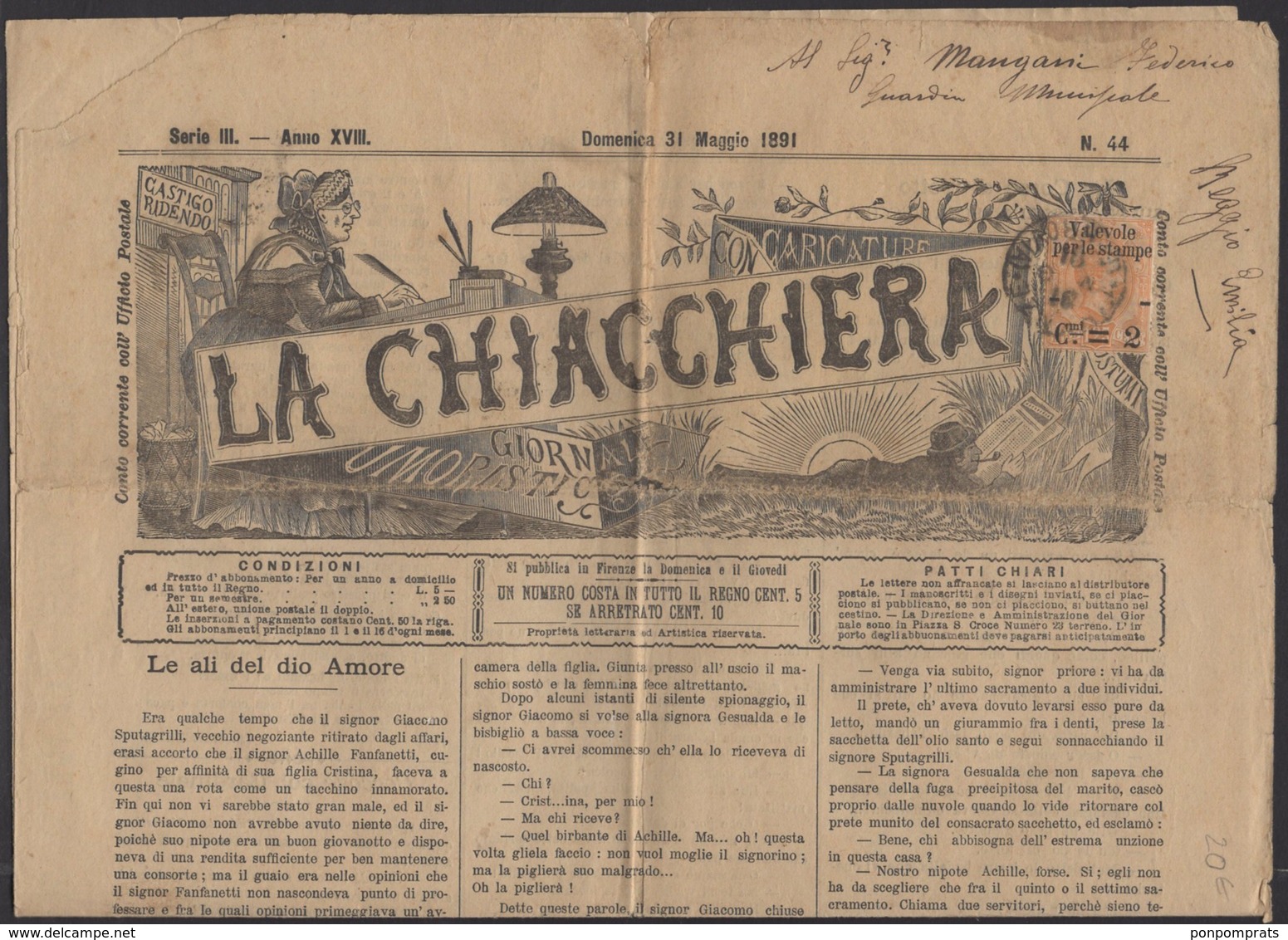 Journal "LA CHIACCHIERA" De FIRENZE 1891 Avec 2 Cmi /1L25Cmi COLIS POSTAL Oblt CàD  De FIRENZE (FERROVIA) - Marcophilie