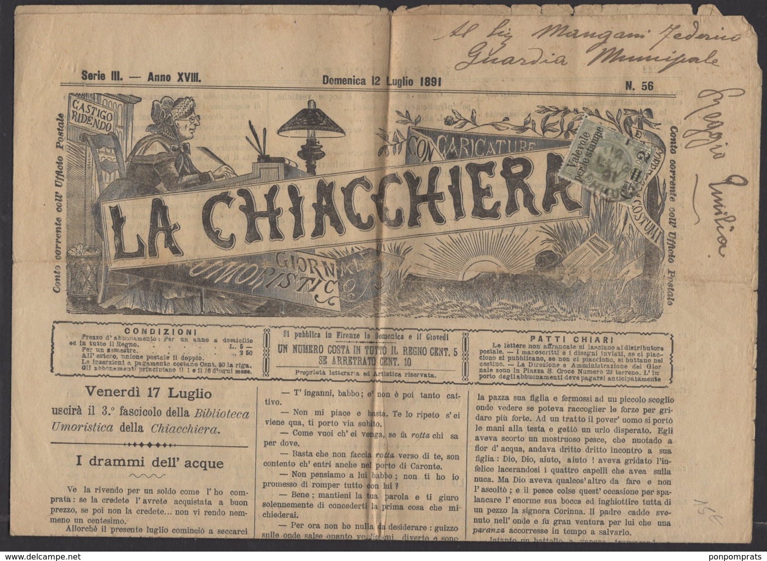 Journal "LA CHIACCHIERA" De FIRENZE 1891 Avec 2 Cmi /10Cmi COLIS POSTAL Oblt CàD  De FIRENZE (FERROVIA) - Marcophilia