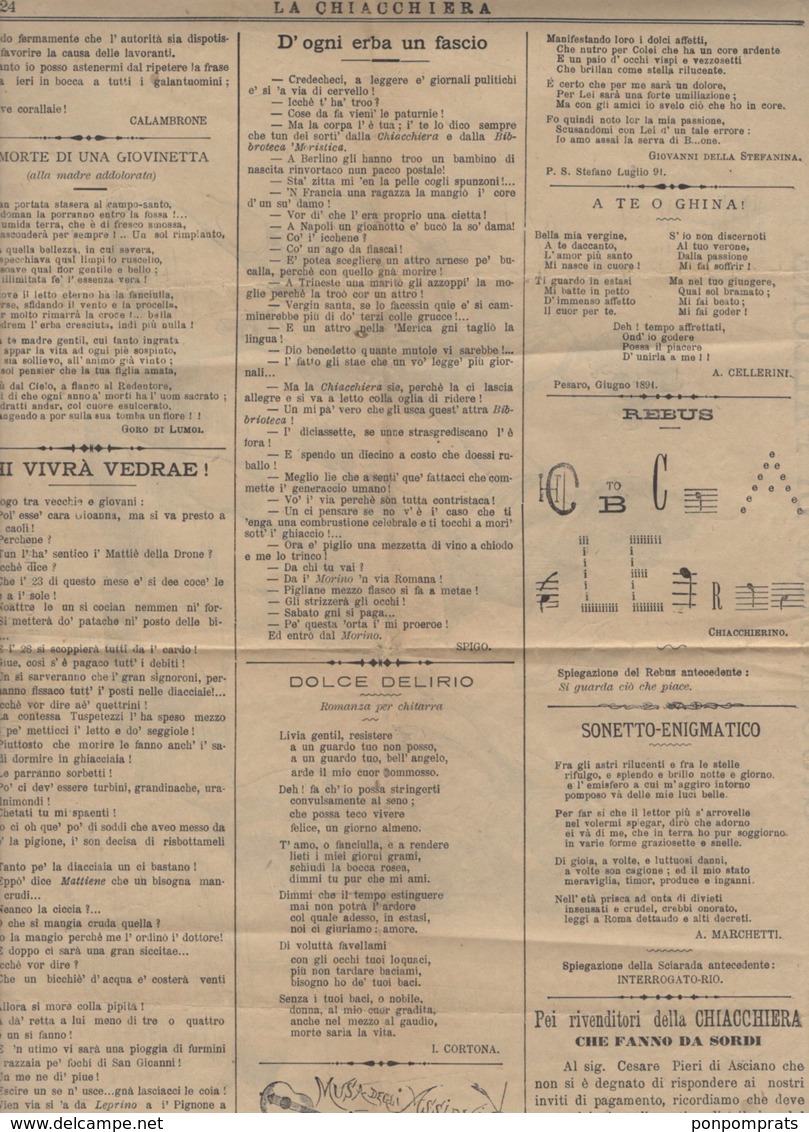 Journal "LA CHIACCHIERA" De FIRENZE 1891 Avec 2 Cmi /10Cmi COLIS POSTAL Oblt CàD  De FIRENZE (FERROVIA) - Marcophilia