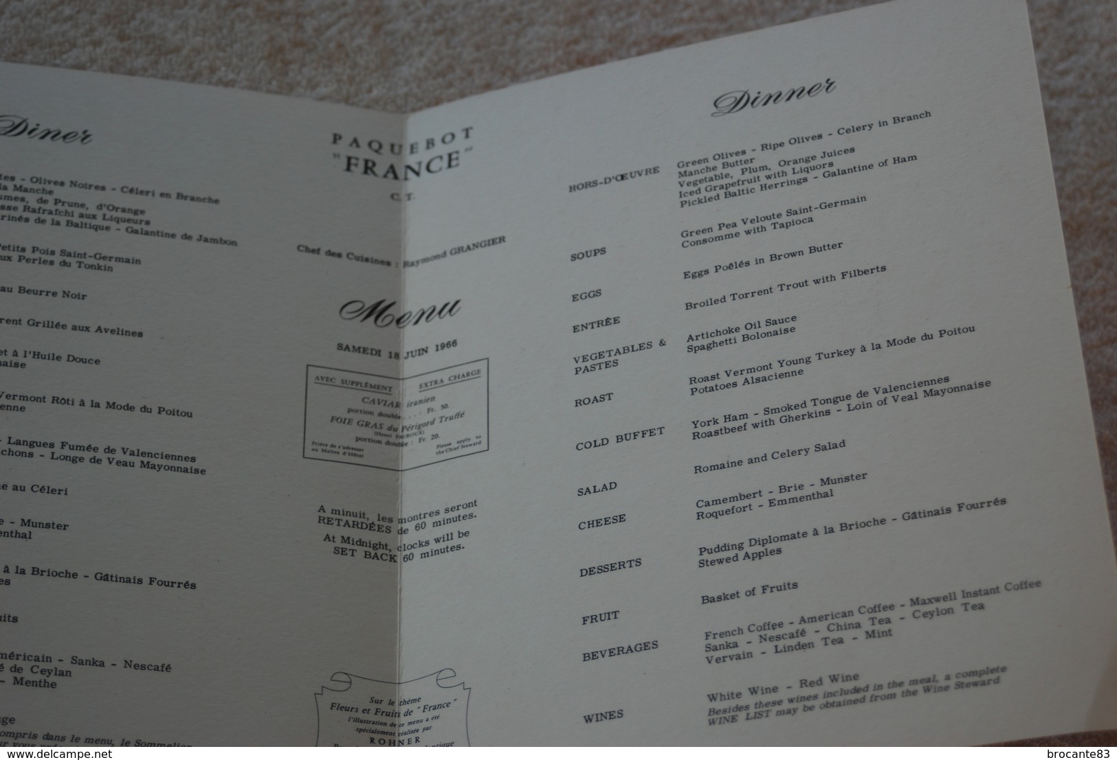 MENU DU PAQUEBOT FRANCE  DU 18 JUIN 1966 CIE GNERALE TRANSATLANTIQUE - Autres & Non Classés