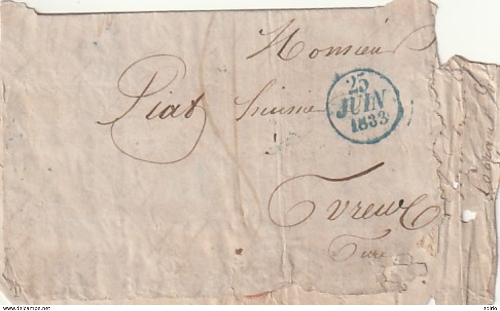 ///   FRANCE  Lettre Marque Postale à Date Bleue 25 Juin 1833 Belle Frappe -cad EVREUX (courrier Attaqué) - 1801-1848: Precursors XIX