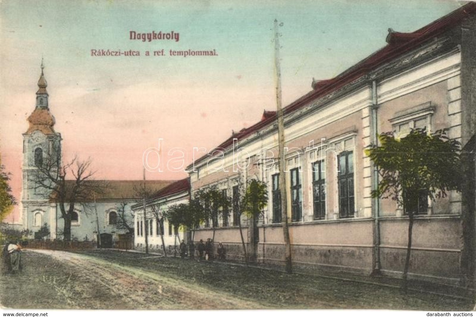 ** T2/T3 Nagykároly, Carei; Rákóczi Utca, Református Templom. Sámuel Sándor Kiadása / Street View With Calvinist Church - Non Classés