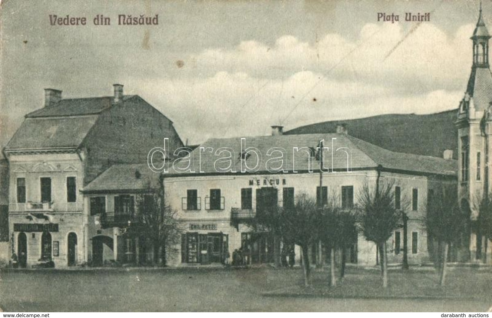 T3 Naszód, Nasaud; Piata Unirii / Utcakép, Mercur Szálloda, Emil Fetti üzlete / Street View, Hotel, Shops + 1940 Tábori  - Non Classés