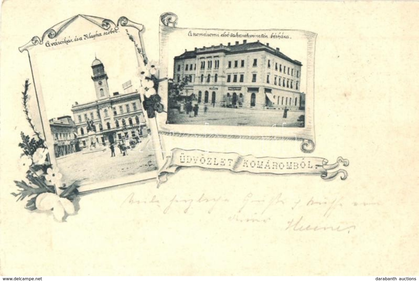 T4 1898 Komárom, Komárno; Városháza, Klapka Szobor, Takarékpénztár Bérháza, üzletek / Town Hall, Statue, Savings Bank, S - Non Classés