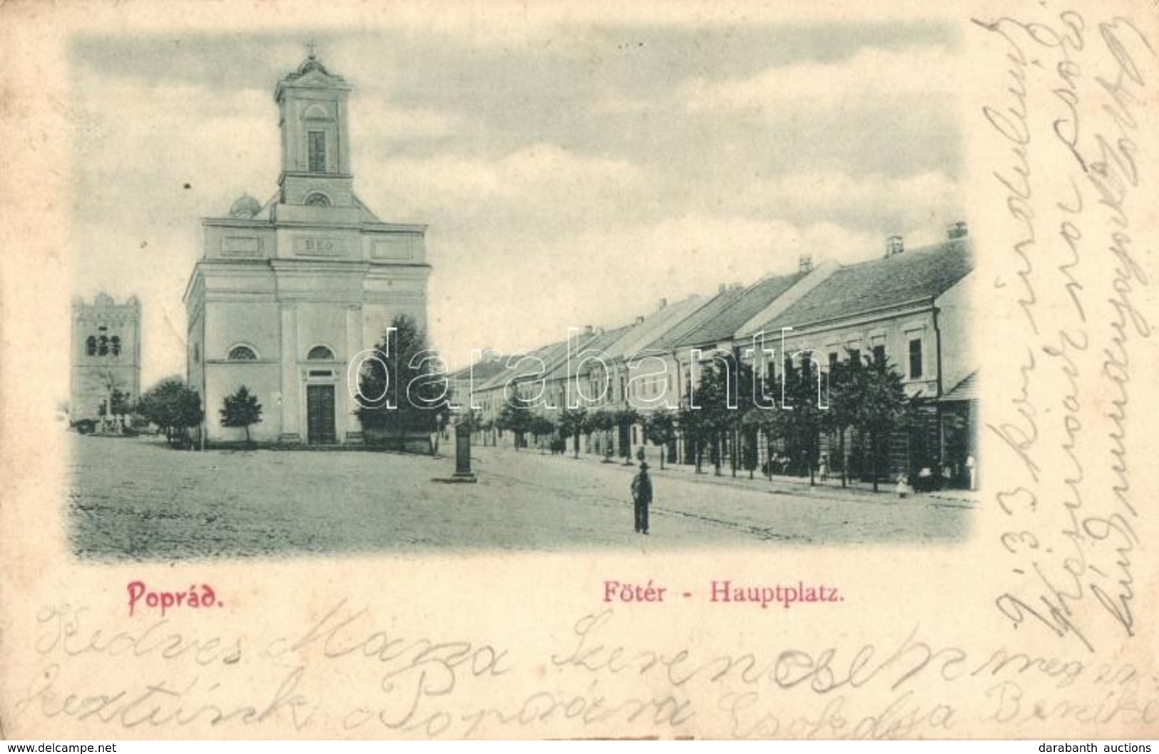 * T3 1900 Poprád (Tátra, Magas Tátra, Vysoké Tatry); Fő Tér, Templom / Main Square, Church (apró Sarokhiány / Tiny Corne - Unclassified