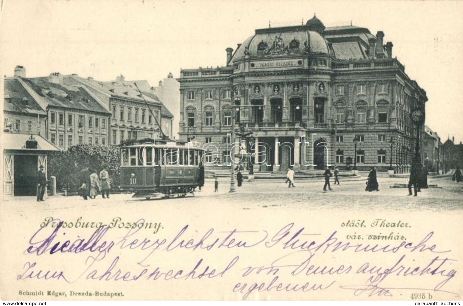 T2 1900 Pozsony, Pressburg, Bratislava; Városi Színház, Villamos. Kiadja Schmidt Edgar / Theater, Tram - Unclassified