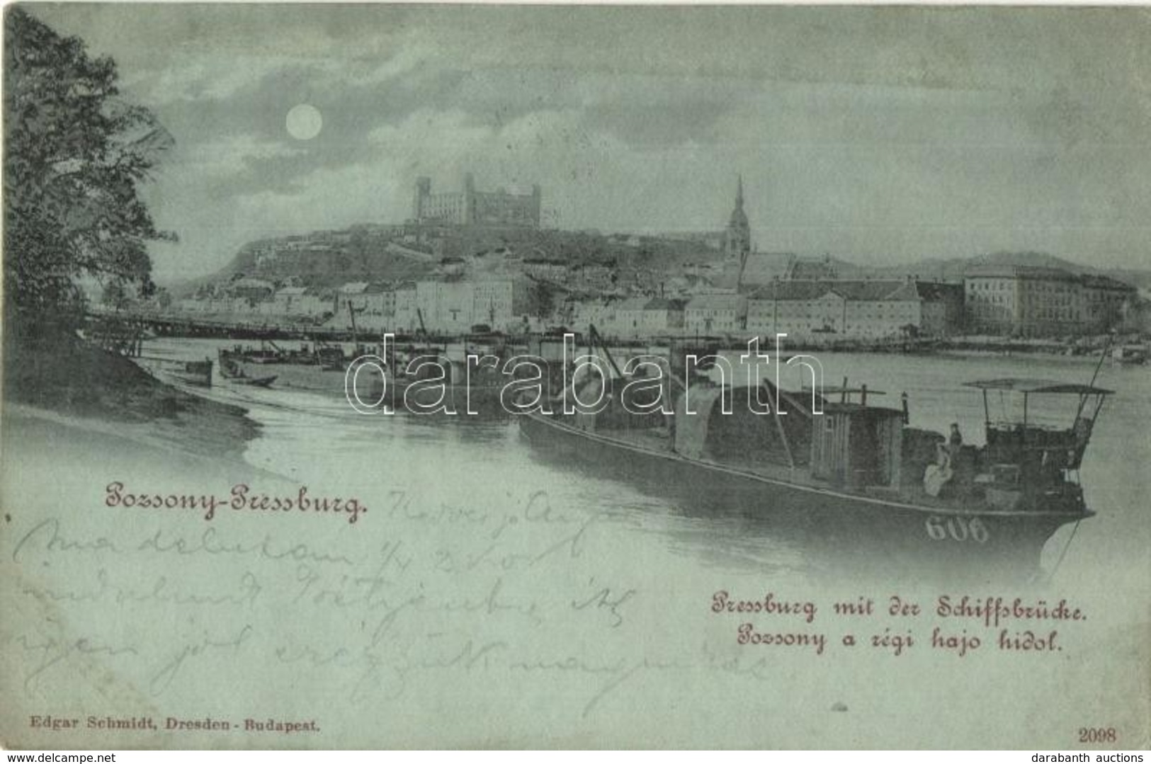 * T2/T3 1899 Pozsony, Pressburg, Bratislava; Régi Hajóhíd, Uszályok Vár, Este / Castle At Night, Pontoon Bridge, Barges  - Unclassified