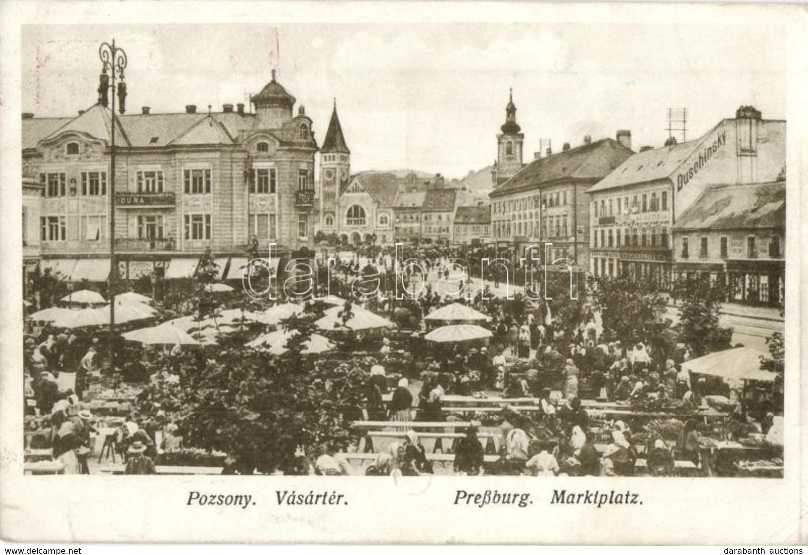 * T2/T3 Pozsony, Pressburg, Bratislava; Marktplatz / Vásártér, Piac, Piaci árusok, Duschinsky G. üzlete / Marketplace, M - Unclassified