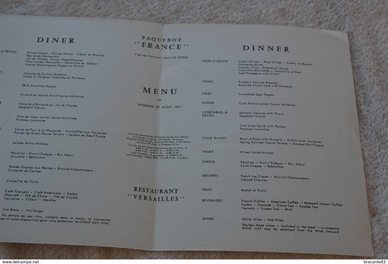 MENU DU PAQUEBOT FRANCE  DU 27 AOUT 1977 CIE GNERALE TRANSATLANTIQUE - Autres & Non Classés