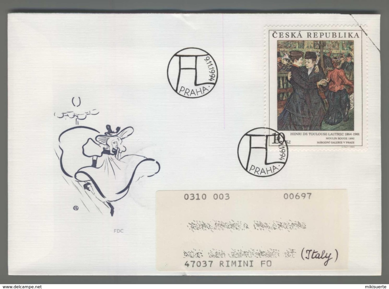 C4201 Ceska Republika FDC 1994 ARTE HENRI DE TOULOUSE LAUTREC MOULIN ROUGE 10 KC VG Viaggiata - FDC