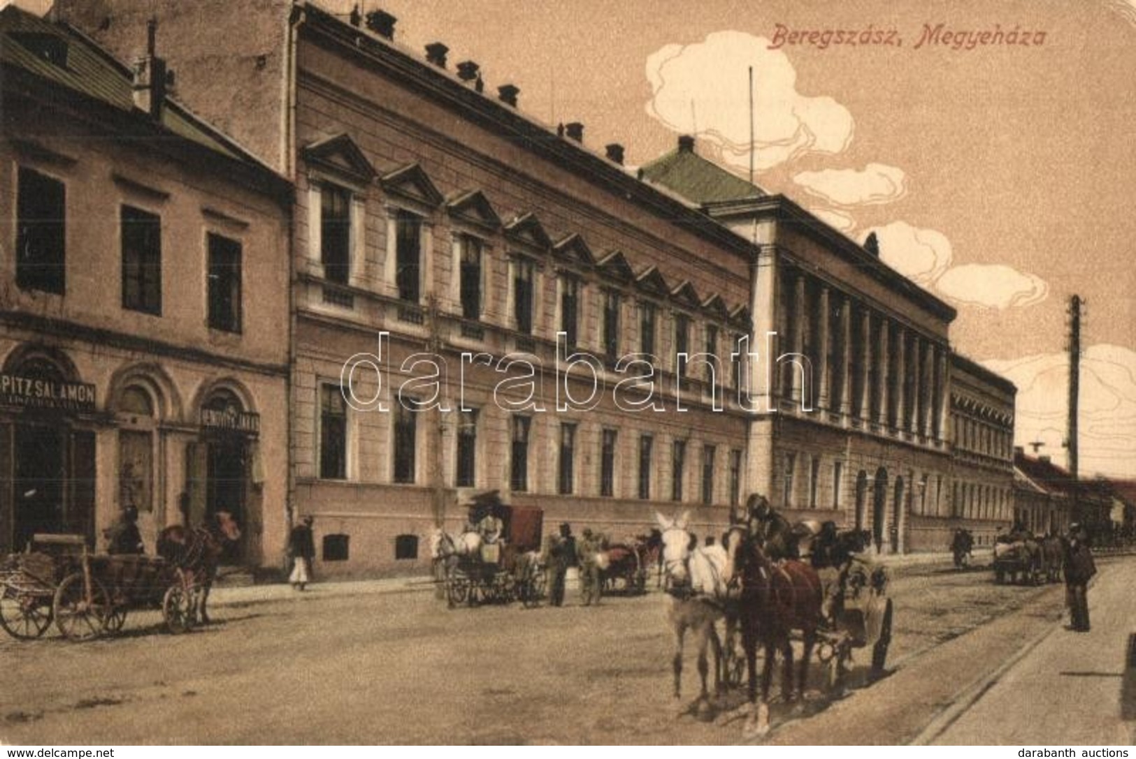 T2/T3 Beregszász, Berehove; Megyeháza, Spitz Salamon, Heinovits Jakab üzlete, Lovaskocsik. Kiadja Engel Jenő / County Ha - Ohne Zuordnung